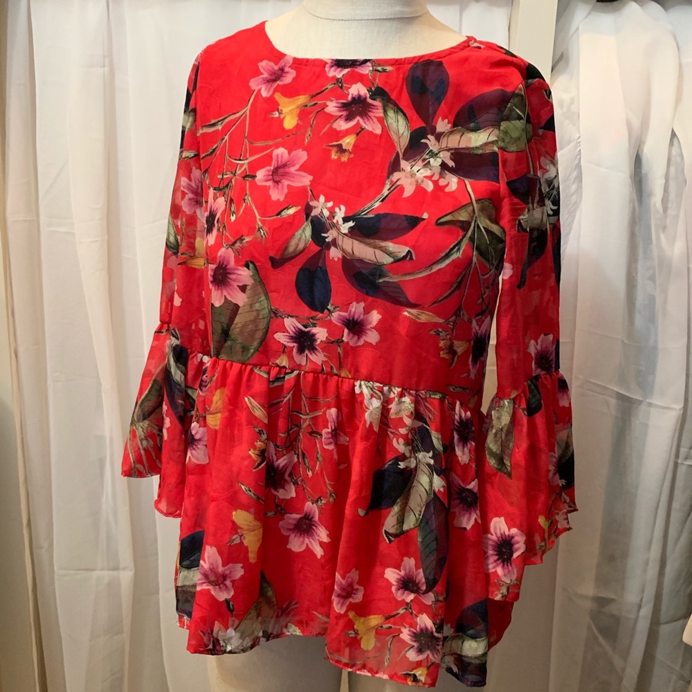 Curio blouse. Adorable, sassy red floral top.